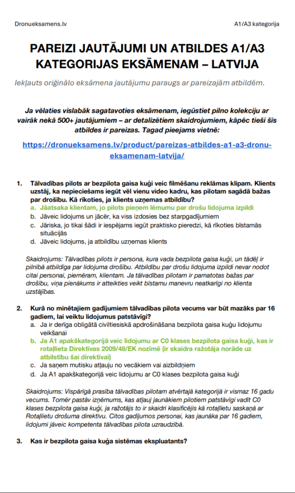 Pareizās atbildes A1/A3 dronu eksāmenam Latvijā – Oficiālie jautājumi un atbildes ar detalizētiem skaidrojumiem - Image 3