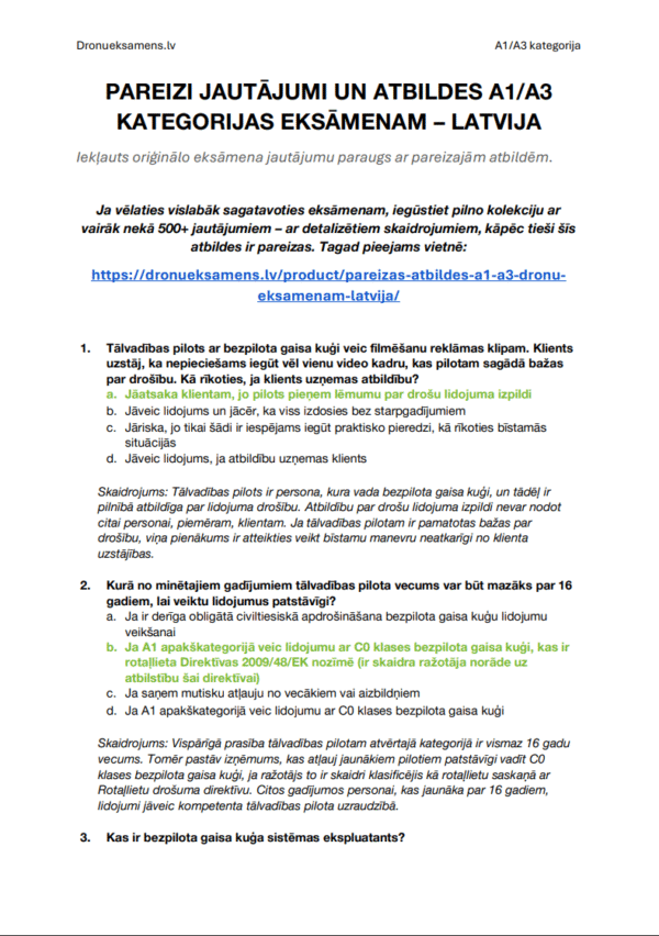 Pareizās atbildes A1/A3 dronu eksāmenam Latvijā – Oficiālie jautājumi un atbildes ar detalizētiem skaidrojumiem