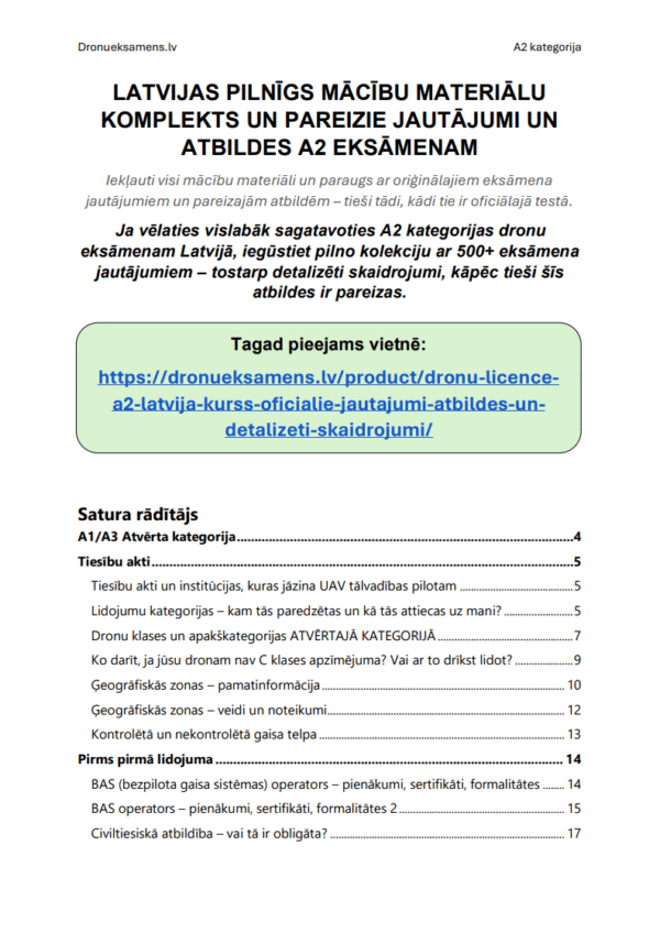 Dronu licence A2 Latvijā – Kurss, oficiālie jautājumi, atbildes un detalizēti skaidrojumi