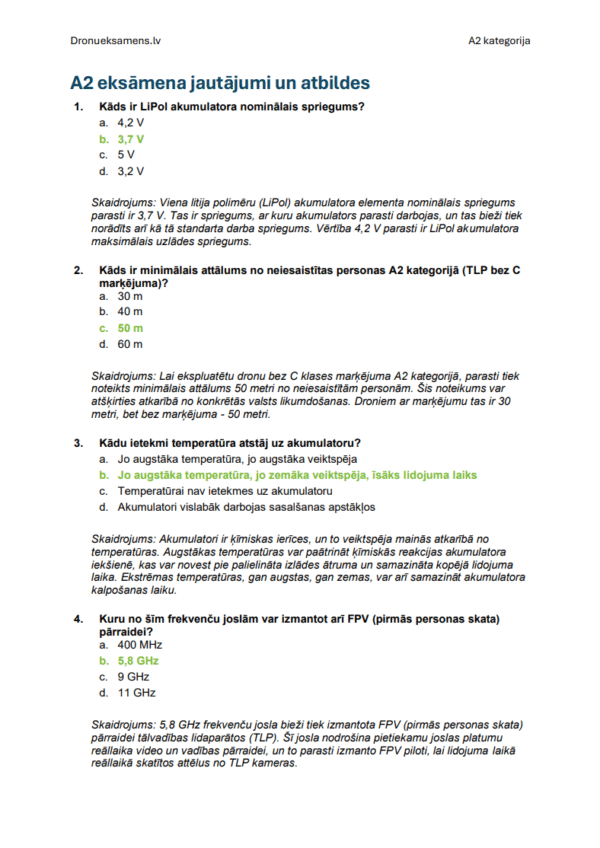 Dronu licence A2 Latvijā – Kurss, oficiālie jautājumi, atbildes un detalizēti skaidrojumi